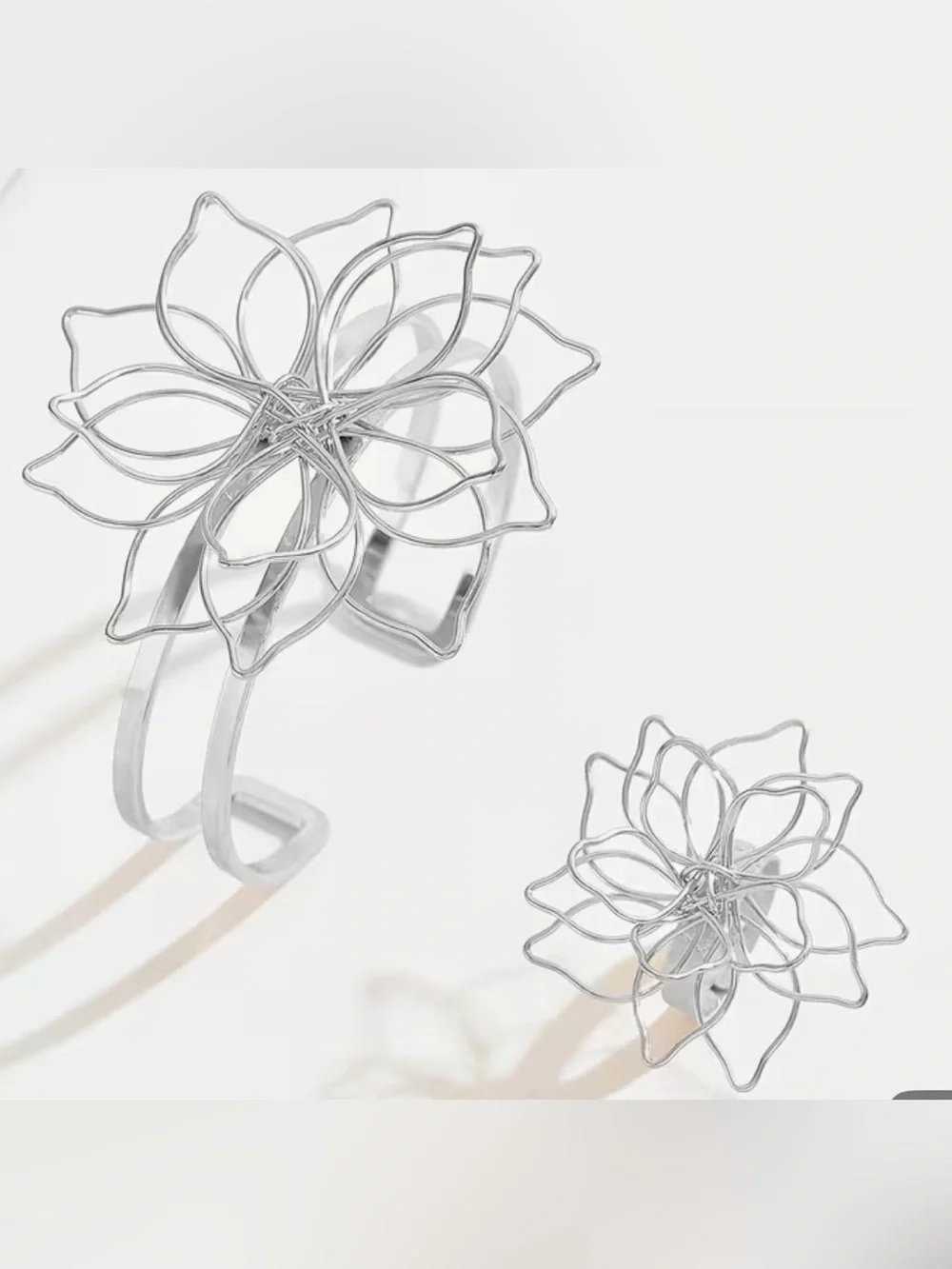 Sterling Silver, Black, and Gold Floral Wire Open Cuff Bracelets  -with ring set